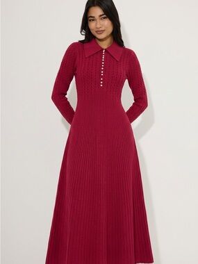 Rib-Knit Long Sleeve Collared Maxi Dress - Burgundy
